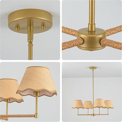 MAYNA 29" Farmhouse Boho Chandelier, 4-Light Rattan Light Fixture with Wicker Lamp Shade, Adjustable Boho Dining Room Light Fixture for Kitchen Island, Living Room, Bedroom