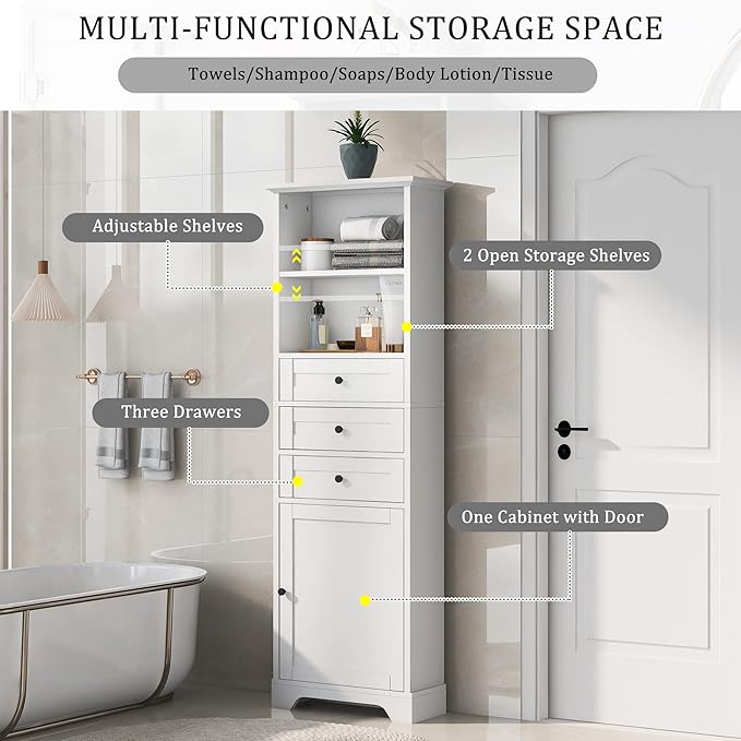 67" H Storage Cabinet with Drawers and Door, Tall Bookshelf Space Saver for Bathroom or Kitchen, Adjustable Shelf, White