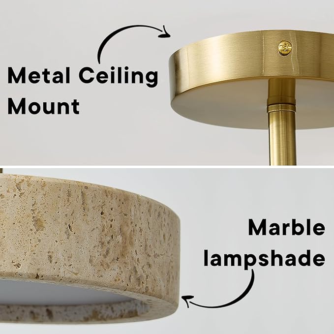 Wabi Sabi 8-inch Yellow Travertine Ceiling Light Fixture - Japanese Semi Flush Mount light with Brushde Gold Metal Base, Hardwired Stone Lamp for Bathroom, Kitchen, Bedroom, Hallway & Entryway
