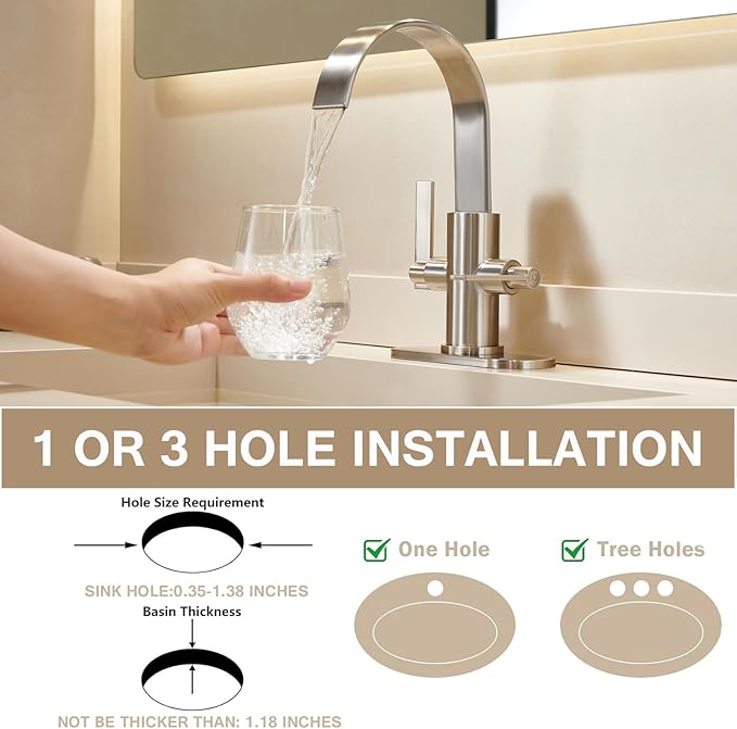 Brushed Nickel Bathroom Faucets，Bathroom Sink Faucet 3 Hole or 1 Hole,2 Handle Waterfall Faucet with Deck Plate，high-arc 360° Swivel spout for Vanity Sink with Metal Pop-Up Drain & Supply Lines