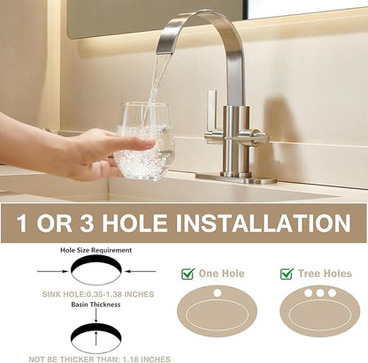 Brushed Nickel Bathroom Faucets，Bathroom Sink Faucet 3 Hole or 1 Hole,2 Handle Waterfall Faucet with Deck Plate，high-arc 360° Swivel spout for Vanity Sink with Metal Pop-Up Drain & Supply Lines