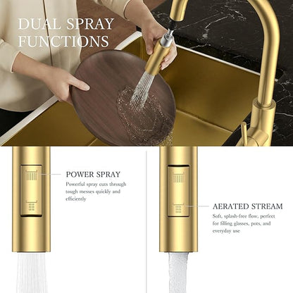 FORIOUS Kitchen Faucets with Pull Down Sprayer, Gold Classic Single Handle Stainless Steel High Arc Faucet for Kitchen Sink, 1Hole with Deck Plate, Sink Faucet for Bar RV Farmhouse Outdoor Laundry