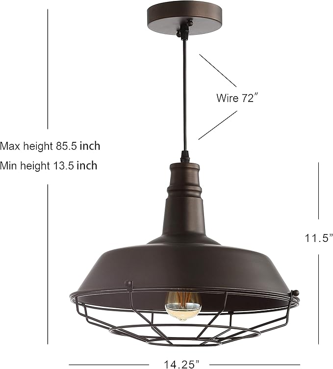 JONATHAN Y 14.25" Oil Rubbed Bronze 1-Light Iron Pendant Light, Adjustable Height Farmhouse Industrial Metal Cage Fixture for Kitchen Island Dining Room, LED Bulb Included JYL9533A