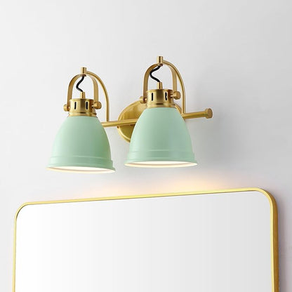 JONATHAN Y 16.25" Mint Green/Brass Gold 2-Light LED Vanity Light, Adjustable Wall Sconce for Bathroom Mirror, Farmhouse Bohemian Kitchen Light, Iron Black Bell Shade (JYL1115D)
