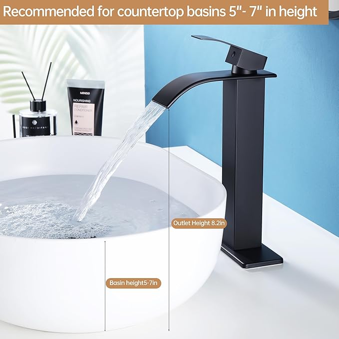 Fransiton Tall Vessel Sink Faucet Matte Black Faucet for Bathroom Sink Tall Waterfall Bathroom Faucet Single Handle 1 or 3 Hole Wash with Pop-up Drain