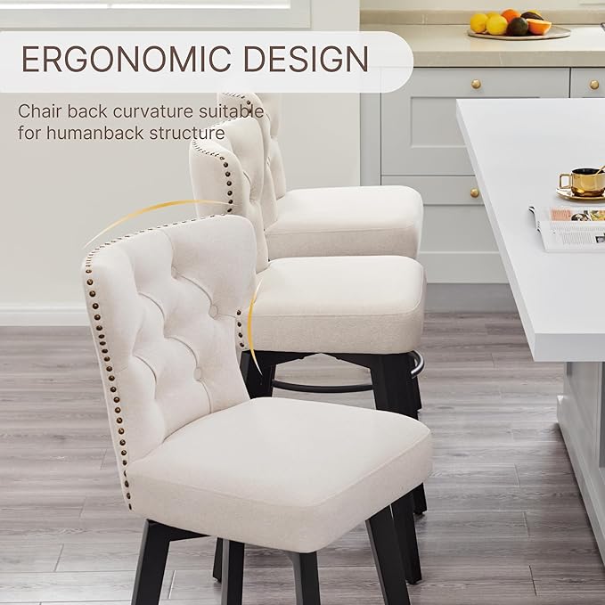 KISLOT Counter Height Barstools 26 inch Upholstered Button Tufted Swivel Bar Stools with Back for Kitchen Island,Set of 2,Beige Fabric