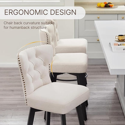 KISLOT Counter Height Barstools 26 inch Upholstered Button Tufted Swivel Bar Stools with Back for Kitchen Island,Set of 2,Beige Fabric