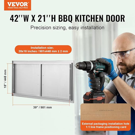 VEVOR BBQ Access Door, 42W x 21H Inch Double Outdoor Stainless Steel Flush Mount Door with Handles, for BBQ Island, Grilling Station, Outside Cabinet