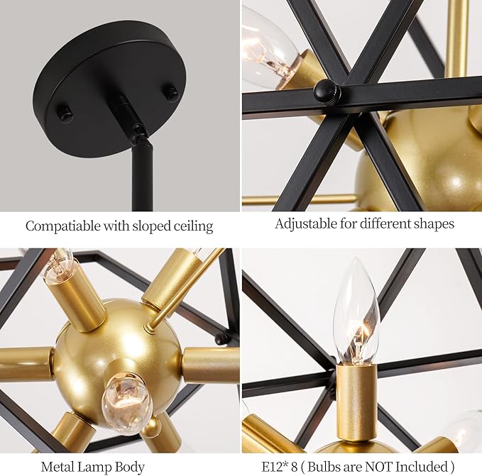 Farmhouse Chandelier,6-Lights Industrial Rustic Dining Room Pendant Light,Adjustable Hanging Candle Light Fixtures for Kitchen Island Living Room Foyer (Black/Gold-8 Lights)