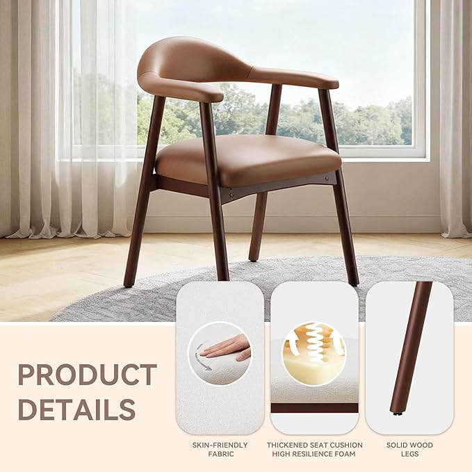 MALOL Leather Dining Chair with Armrest Set of 4, Upholstered Dining Room Chair with Curved Back and Wood Legs, Mid Century Modern Kitchen Chairs for Kitchen Dining Room,Brown