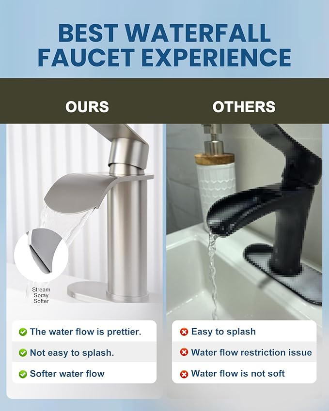 WOWOW Brushed Nickel Bathroom Faucet:Single Hole Waterfall Bathroom Faucets Sink with cUPC Supply Lines and Pop Up Drain,Modern Single Handle Bathroom Faucet 1 Hole for Countertop,Bathroom Sink Faucet