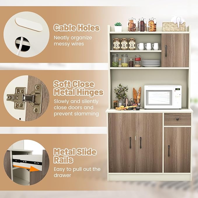 LOKO Kitchen Storage Cabinet with Charging Station, 71" Tall Pantry Hutch with Adjustable Shelves, 3 Cabinets & Cable Holes, Freestanding Cupboard Organizer for Kitchen, Dining Room