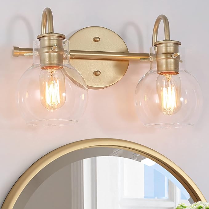 KSANA 2-Light Vanity Light with Globe Clear Glass Shade, Gold Vanity Lights for Bathroom, Powder Room, 13" L x 7" W x 9" H
