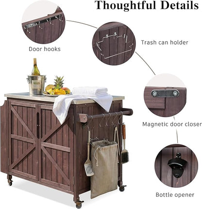 JIJIWANG 42.1" Outdoor Kitchen Island with Stainless Steel Top and Side Shelf, Outdoor Grill Cart with Storage Cabinet and Adjustable Shelves, Kitchen Cart on Wheels for Small Spaces Dark Brown