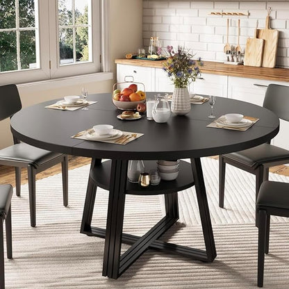 GarveeHome 47 Inch Round Dining Table for 4-6, Farmhouse Pedestal Kitchen Table with Storage Shelf, Space-Saving Circle, for Kitchen, Dining Room, Living Room, Apartment, Table Only- Black