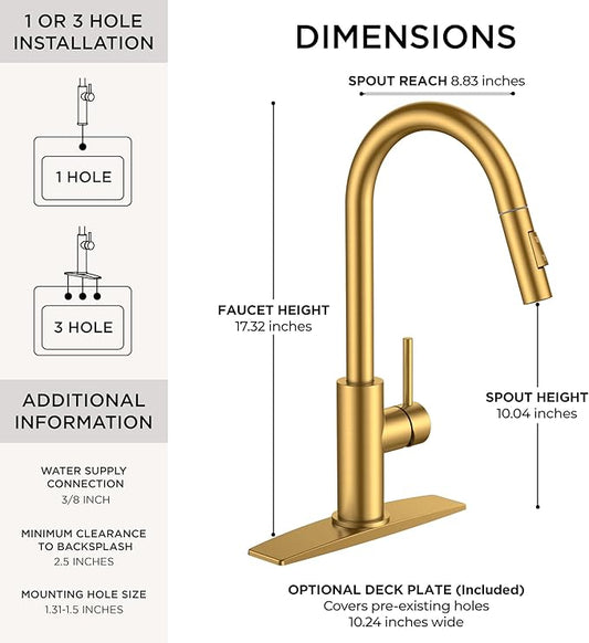 FORIOUS Gold Kitchen Faucet with Pull Down Sprayer, Brushed Brass High Arc Gooseneck Modern Sink Faucet with CUPC Ceramic Cartridge, Single Handle Stainless Steel and Deck Plate