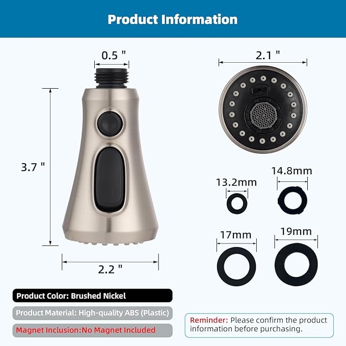 Hibbent Pull Down Kitchen Faucet Head Replacement, NSF/ANSI/CAN 61 & CUPC Certified 3-Function Sink Spray Nozzle with 15 Adapters Compatible with Moen, Delta, Kohler Faucets, Brushed Nickel