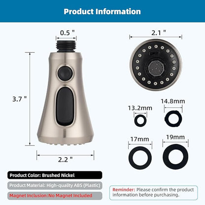 Hibbent Pull Down Kitchen Faucet Head Replacement, NSF/ANSI/CAN 61 & CUPC Certified 3-Function Sink Spray Nozzle with 15 Adapters Compatible with Moen, Delta, Kohler Faucets, Brushed Nickel