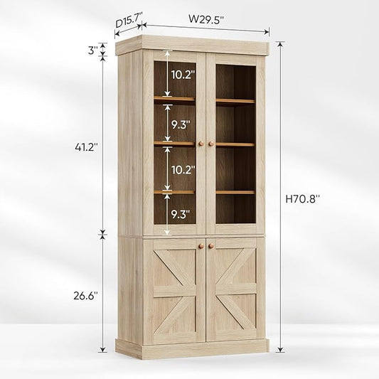ivaniti 71" Tall Farmhouse Kitchen Pantry, Rustic Brown Large Storage Cabinet with Glass Doors, Adjustable Shelves, Wood Versatile Hutch Cabinet for Dining Room, Living Room, 3 Pcs
