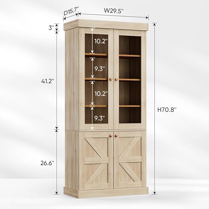 ivaniti 71" Tall Farmhouse Kitchen Pantry, Rustic Large Storage Cabinet with Glass Doors, Adjustable Shelves, Wood Versatile Hutch Cabinet for Dining Room, Living Room, Brown