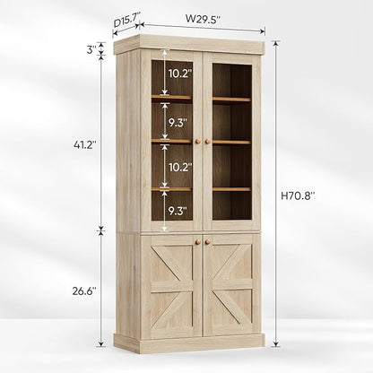ivaniti 71" Tall Farmhouse Kitchen Pantry, Rustic Large Storage Cabinet with Glass Doors, Adjustable Shelves, Wood Versatile Hutch Cabinet for Dining Room, Living Room, Brown
