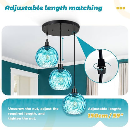 Mid-Century Modern Cluster Pendant Light, 3-Light Adjustable Chandelier with Blue Hammered Glass Globe Shades, Kitchen Island Pendant Lighting for Dining Room, Breakfast Nook, Living Room