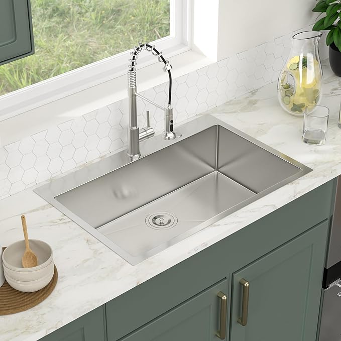 Logmey 33 Drop In Kitchen Sink - 33x19 Inches Stainless Steel Drop-in Kitchen Sinks 16 Gauge Round Corner Topmount Sink Overmount Single Bowl Kitchen Sinks