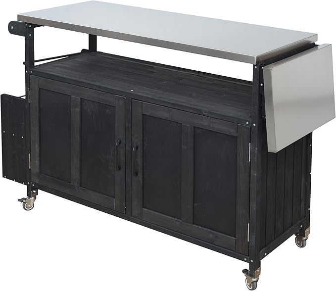 MERITLINE Foldable Outdoor Kitchen Island with Stainless Steel Top & Fir Wood Frame, Adjustable Hidden Shelf & Two-Tier Rack, Lockable Casters for Patio, Garden, Balcony, Black