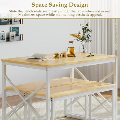 VECELO Kitchen Dining Table Benches Set for 4, 43.3" Wooden Dinette with 2 Benches, Heavy-Duty Dining Room Table for Small Space, Breakfast Nook, Natural Oak