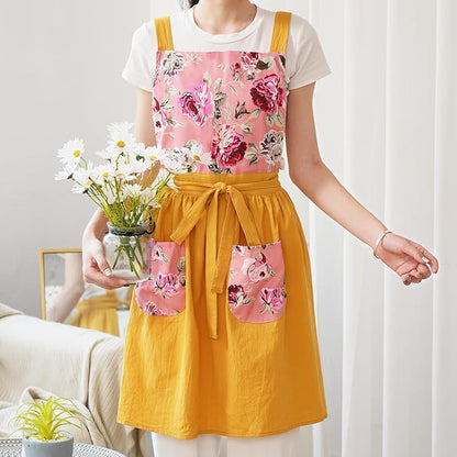 Pinknoke Vintage Pinafore Apron Dress for Women with Pockets Cute Floral Chef Aprons for Kitchen Cooking Baking Gardening
