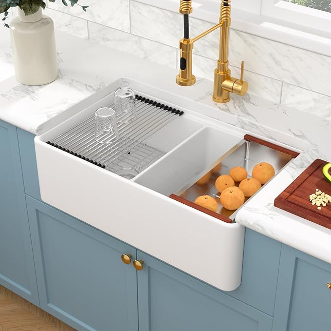 Sarlai 33 White Farmhouse Sink Double Bowl - 33 Inch White Kitchen Sink Ledge Workstation Ceramic Porcelain Fireclay Double Bowl 50/50 Apron Front Reversible Deep Rectangular Farm Sinks