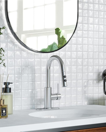 Fransiton Bathroom Faucets with Pull Down Sprayer, Bar Sink Faucet Single Hole for Kitchen Campers with Pop-Up Drain Hose, Suitable for Farmhouse Vanity Lavatory