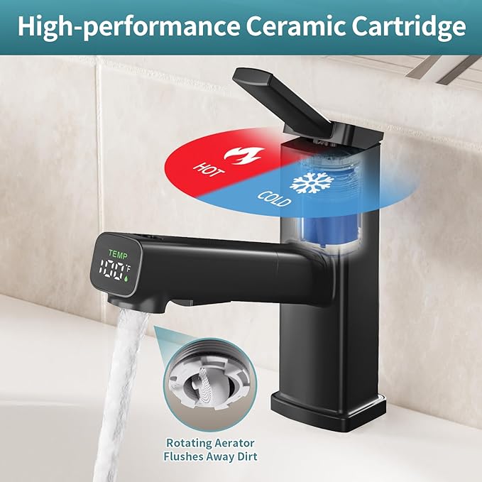 HANLIAN Pull Out Bathroom Faucet 1 Hole with Digital Temperature Display, Single Lever Bathroom Sink Faucet with Pull Down Sprayer, 3 Modes Single Handle Vanity Faucets One Hole with Swivel Spout