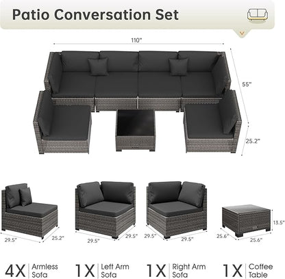 LHBcraft 7 Piece Patio Outdoor Furniture Set, Outdoor Sectional, All-Weather Hand-Woven Wicker Black Patio Sectional, Rattan Outside Furniture with Cushion and Glass Coffee Table