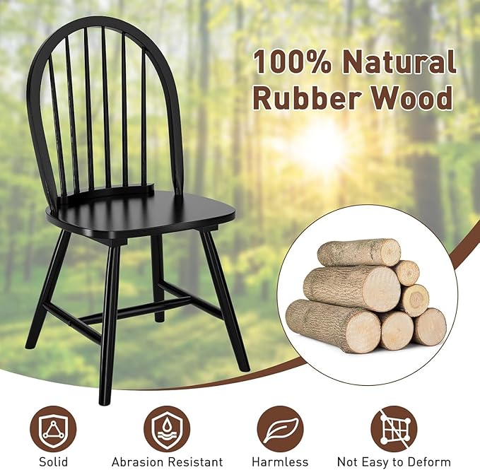 SIMOE Windsor Dining Chairs Set of 4, Farmhouse Wood Dining Chairs with Solid Wood Legs, Spindle Back Kitchen Chairs for Living Dining Room, Black