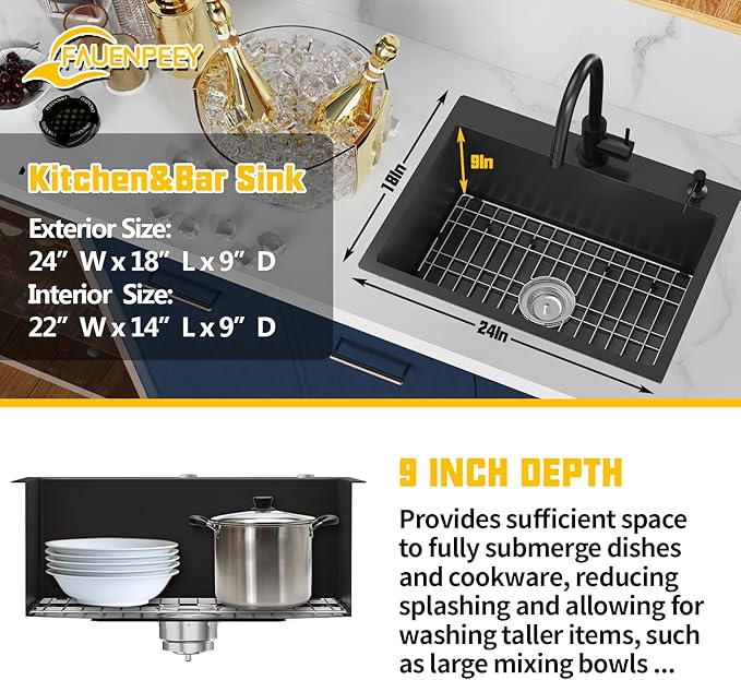 Black Kitchen Sink,24x18 Inch Kitchen Sink Stainless Steel Drop In Kitchen Sink Topmount Stylish and Modern Look Sink With Bottom Grid,Silicon Mat And Drain Assembly Add Elegance & Enhance Usability