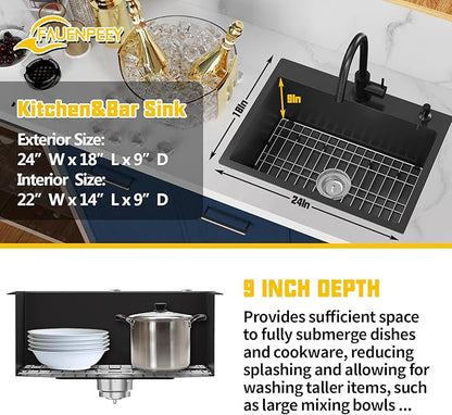 Black Kitchen Sink,24x18 Inch Kitchen Sink Stainless Steel Drop In Kitchen Sink Topmount Stylish and Modern Look Sink With Bottom Grid,Silicon Mat And Drain Assembly Add Elegance & Enhance Usability