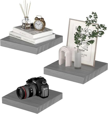 PopiShelves Small Floating Shelves for Wall - 9 Inch Mini Square Grey Shelves for Bedroom, Living Room, Bathroom, Kitchen, Office Decor Set of 3