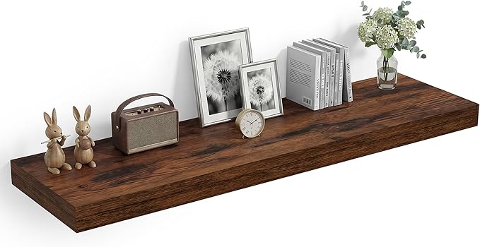 Heimlove 12" Deep Floating Shelves, 36 x 12 Inch Wall Mounted Long Floating Shelf with Invisible Brackets, for Home Decor, Bedroom, Kitchen, Living Room, Bathroom - 1 Pack, Rustic Brown
