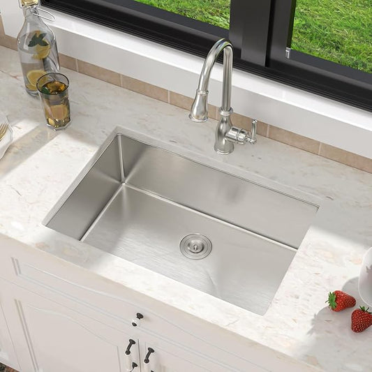 32 Inch Undermount Kitchen Sink 18 Gague Stainless Steel Single Bowl Handmade Kitchen Sinks Large Deep Under Counter Basin, 32"x19"x9"