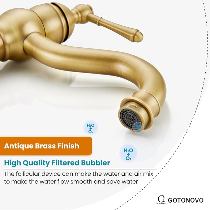 gotonovo Vessel Sink Faucet 360° Swivel Spout Single Handle Tall Bathroom Faucet 1 Hole Farmhouse Lavatory Washbasin Mixer Tap Matching Supply Hoses, Without Pop Up Drain, Antique Brass