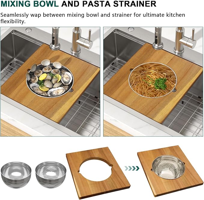 30 Inch Drop In Stainless Steel Kitchen Sink, 16 Gauge Single Bowl Workstation 3-Hole Sink with Cup Washer, Mixing Bowl, and Pasta Strainer #TLT-0060