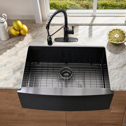 Comllen Commercial 33 inch 304 Stainless Steel Farmhouse Sink, Single Bowl Kitchen Sinks 16 Gauge 9 Inch Deep Handmade Undermount Farm Apron Front Kitchen Sink, Gunmetal Black