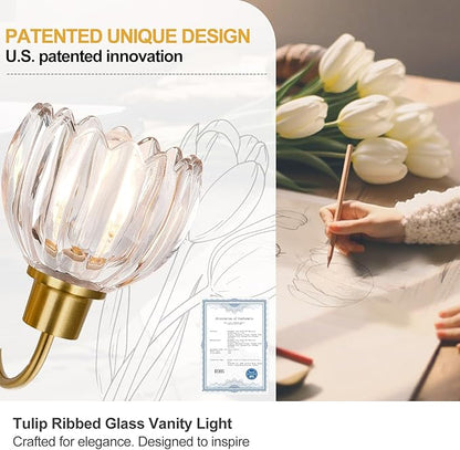 3-Light Bathroom Light Fixtures, 20" Brushed Gold Vanity Lights for Bathroom with Ribbed Clear Tulip Glass Shade, Vintage Wall Vanity Lighting Fixtures Over Mirror for Bathroom Living Room Hallway