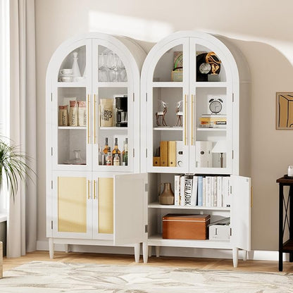71" Arched Storage Cabinet, 5-Tier Modern Farmhouse Kitchen Pantry Cabinet with Glass & Rattan Doors, Adjustable Shelf for Living Room, Dining Room, or Office, White