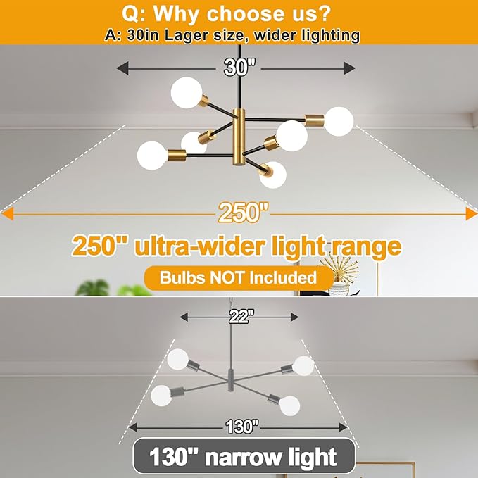 30" Chandelier Dining Room Light Fixture, 6-Light Modern Sputnik Chandeliers Brushed Gold and Black Mid Century Chandelier Over Table, Height Adjustable Chandeliers for Dining Room Living Room Kitchen