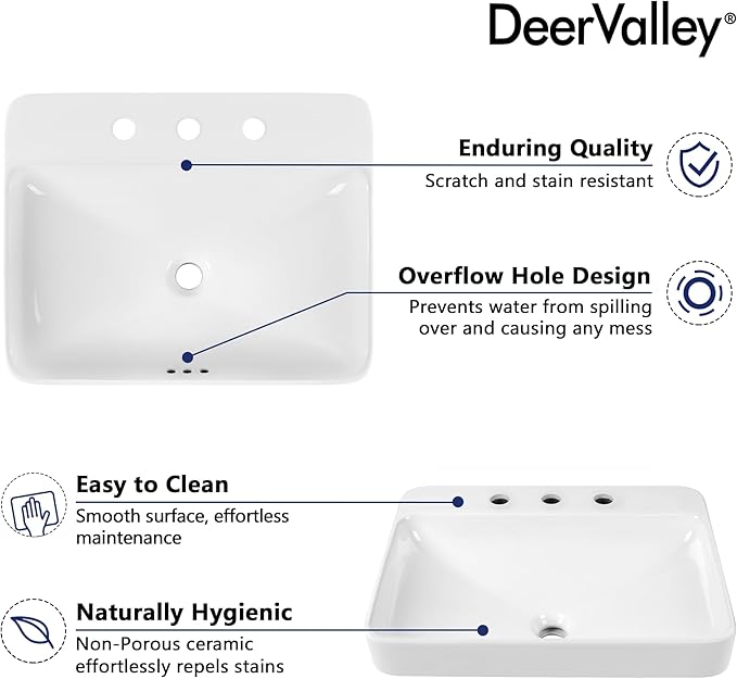 DeerValley 24x19 Inch Rectangular Drop-in Bathroom Sink, White Semi Recessed Vessel Sink with Overflow and Three Faucet Holes, Ceramic Vanity Basin, DV-1DS0121