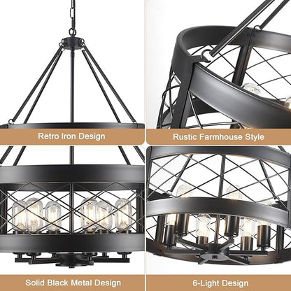 Black Chandelier 6-Light Adjustable Farmhouse Chandelier Dining Room Light Fixture Kitchen Island Lighting Drum Rustic Hanging Lights for Entryway Foyer Bedroom Living Room