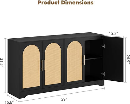 GarveeHome 59” Sideboard Buffet Cabinet - Large Credenza Storage with 4 Rattan Doors, Modern Console Table Accent Coffee Bar Cabinet for Living Room, Kitchen, Hallway, Dining Room, Entryway, Black