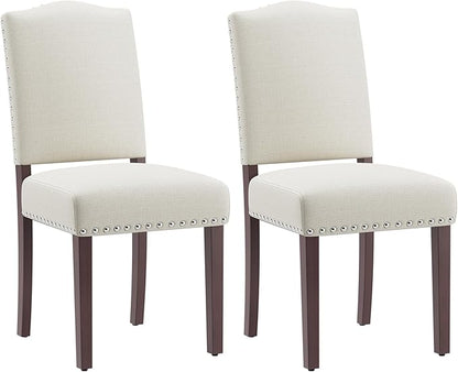 Upholstered Parsons Dining Chairs Set of 2, Modern Dining Room Chairs with Back, Fabric Kitchen Side Chairs with Wood Legs, Nailhead Trim for Dinner Farmhouse Restaurant, Beige